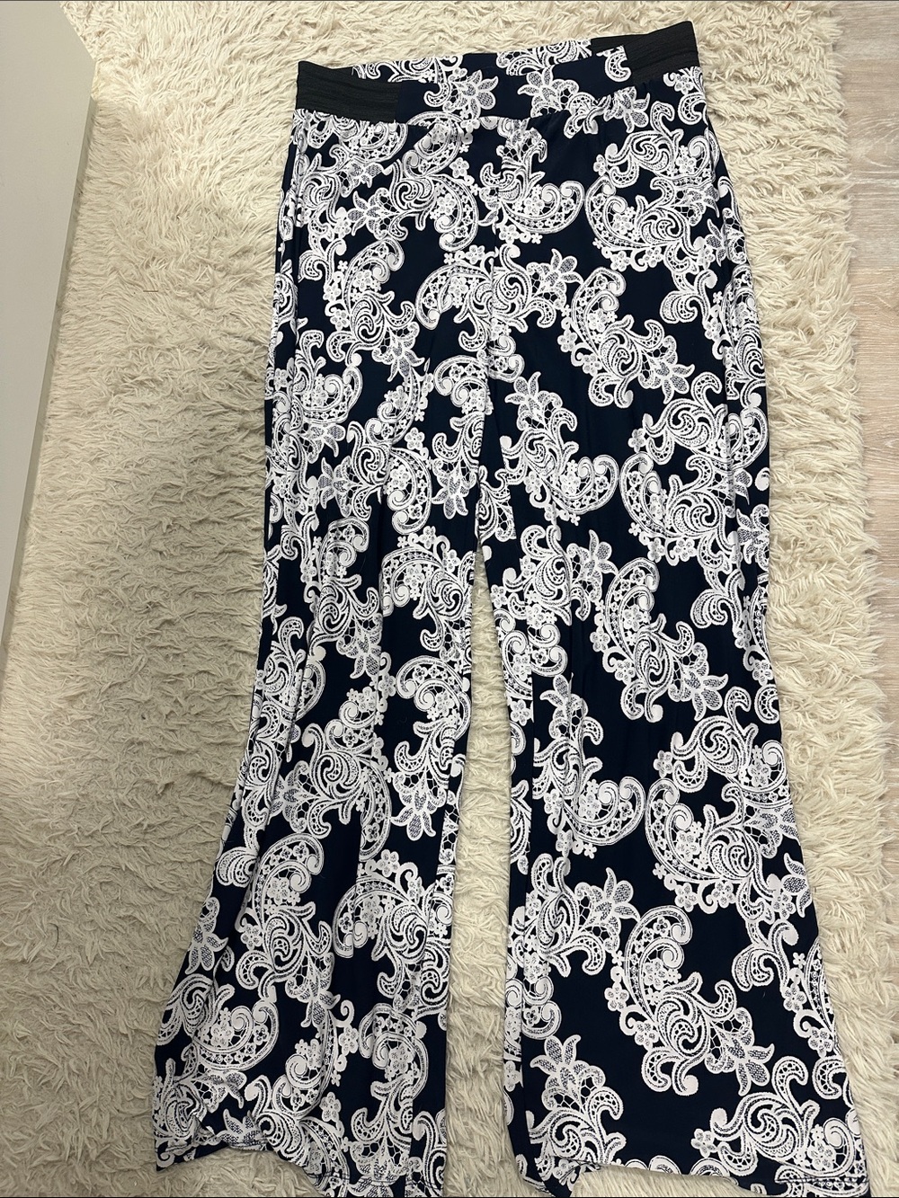 INC International Concepts Navy and White Paisley Flare Trousers